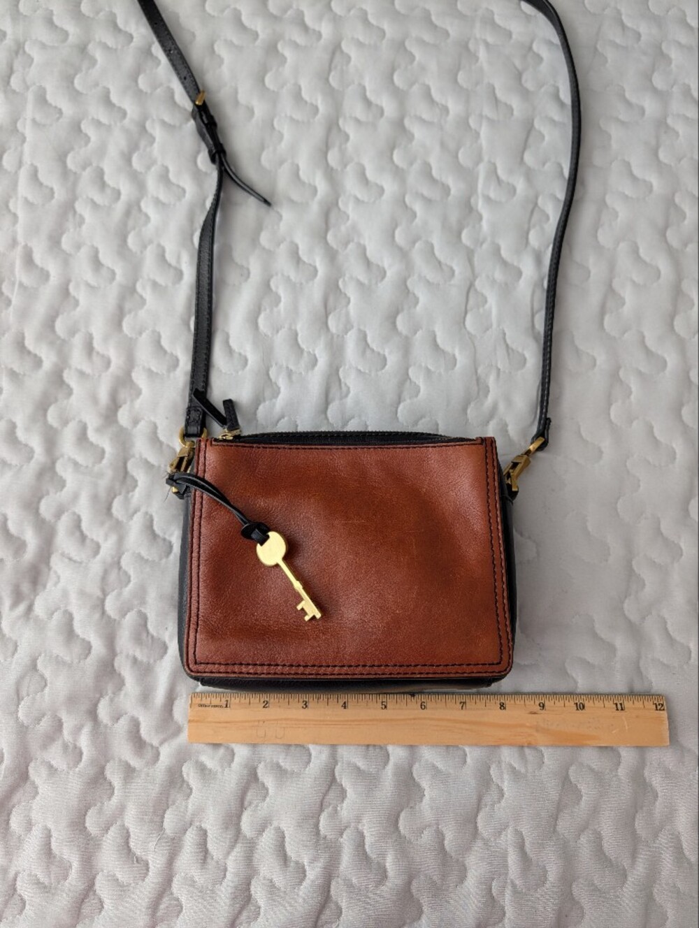 Fossil Cambell Brown and Black Leather Crossbody with Gold Key Charm